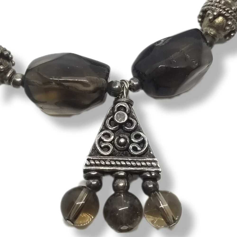 VINTAGE GENUINE SMOKY TOPAZ & STERLING SILVER STATEMENT NECKLACE